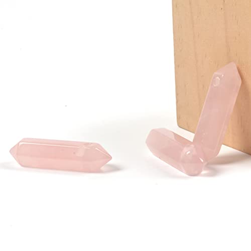 Rose Quartz 32mm Natural Gemstone Hexagonal Wand Jewelry Making Crystal Pointed Chakra Reiki Healing Beads 2mm Hole Drilled(Pack of 10) - color: Rose Quartz