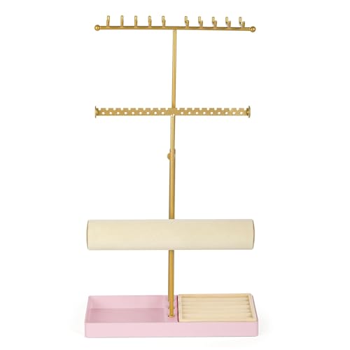 Tirzah 3-Tier Adjustable Gold Jewelry Holder Organizer Stand with 20 Necklace Hooks, 18 Earring Holes and Notches, Bracelet Holder, 6 Ring Rolls, Pink Tray for Girls, Women - color: Gold & Pink, for Necklace Earring Bracelet