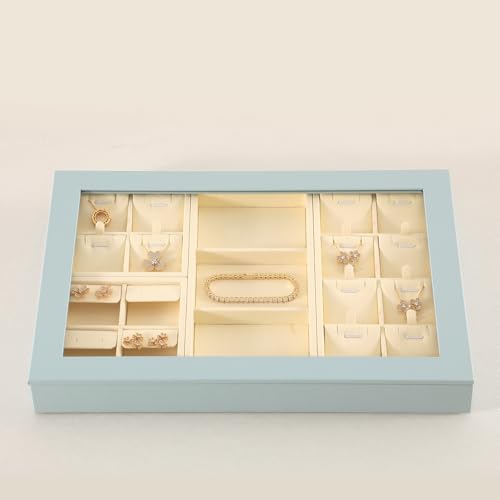 Dark Blue Jewelry Display Tray Ring Necklace Earring Bangle Organizer Multifunctional Storage Case for Jewelry Showcase (Long 3 Grids Tray(beige)) - color: 21-3 Gird Tray