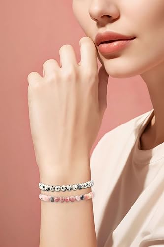 NCB 2.3-Piece 4mm Natural Crystal Gemstone Stretch Bracelets – Handmade Reiki Energy Healing Jewelry for Meditation,Yoga, Unisex - color: 2PCS ( Dalmation Jasper+Red Plum Blossom Stone ), size: 6mm