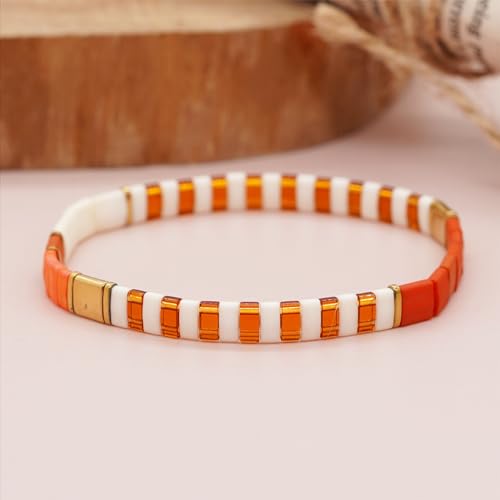 Tila Beaded Stretch Strand Bracelets for Women, Cute Boho Stackable Handmade Colorful Mixed Flat Square Beads Elastic Beach Surfer Bracelet Trendy Jewelry Friend Gift - color: 0901I