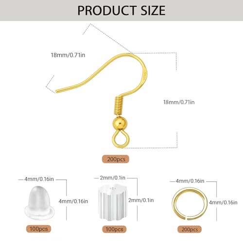 600PCS Earring Making Kits 18K Gold Earring Hooks Hypoallergenic Ear Wires Fish Hook for DIY Jewelry Making Bulk Pack - color: 18k Gold