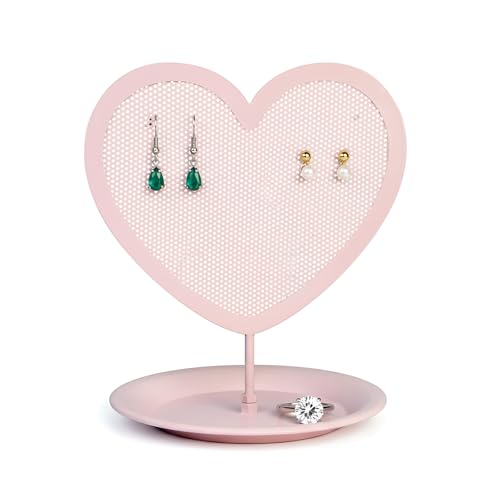 Earring Holder for Girls – Heart-Shaped Pink Metal Stand Jewelry Organizer with Tray for Rings & Bracelets, Cute Vanity Display for Teen Room Decor
