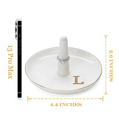 HOME SMILE Initials Ring Holder Jewery Tray with personalized L-Monogrammed Engagement Gifts for Friends,Birthday Mother's Day Christmas Gifts for Women,Ceramic White - style: L
