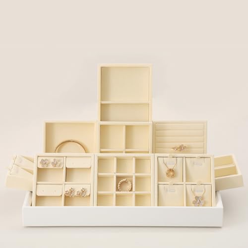 Dark Blue Jewelry Display Tray Ring Necklace Earring Bangle Organizer Multifunctional Storage Case for Jewelry Showcase (Small 4 Grids Earrings Tray(beige)) - color: 19-Earring Tray