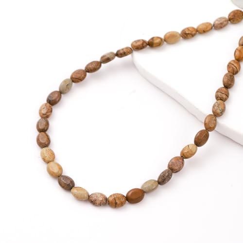 6×8mm Natural Brown Picture Gemstone Loose Beads Flat Oval Healing Crystal Loose Stone Beads for Jewelry Necklace Bracelet Earring Craft - color: Brown Picture