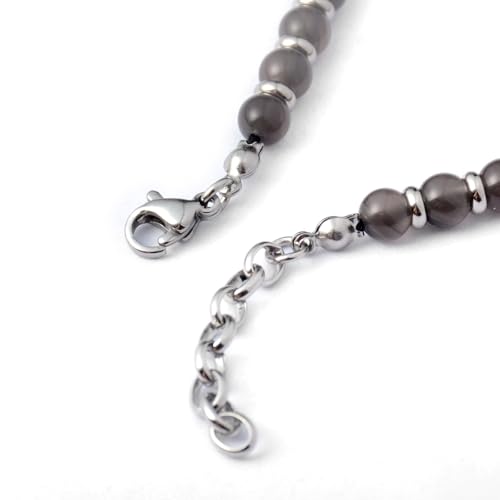 Ganbatte Handmade Beaded Bracelet, Natural Stone and Silver Stainless Steel, Boho Style Women's Jewelry - color: Obsidian/Black Ice