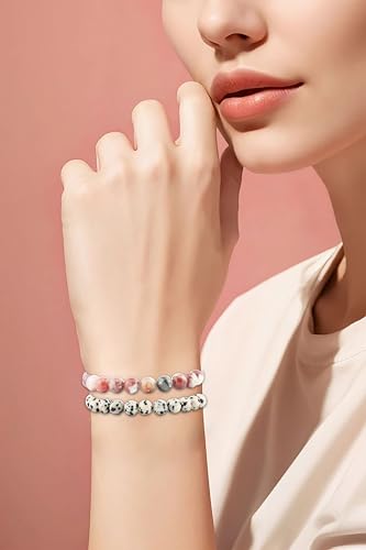 NCB 2.3-Piece 4mm Natural Crystal Gemstone Stretch Bracelets – Handmade Reiki Energy Healing Jewelry for Meditation,Yoga, Unisex - color: 2PCS ( Dalmation Jasper+Red Plum Blossom Stone ), size: 8mm