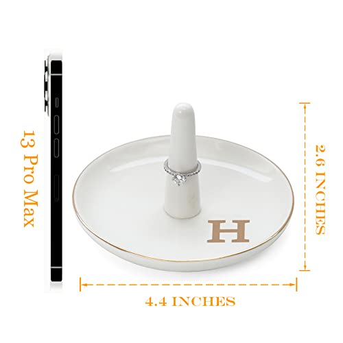 HOME SMILE Initials Ring Holder Jewery Tray with personalized H-Monogrammed Engagement Gifts for Friends,Birthday Mother's Day Christmas Gifts for Women,Ceramic White - style: H