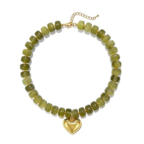 Chunky Heart Necklace for Women, Colorful Acrylic Beaded Statement Puff Heart Necklace, Cute Boho Y2K Choker Necklace for Gift Jewelry - color: Green