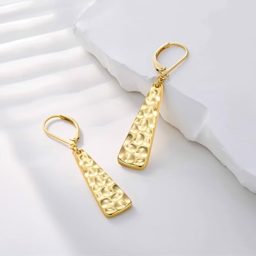 ALEXCRAFT 925 Sterling Silver Dangle Earrings for Women, 14K Gold Plated French Leverback Earrings, Hypoallergenic Lightweight Statement Hammer Square Bar Long Drop Earing for Women Trendy Jewelry - color: GoldA