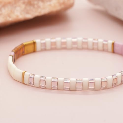 Tila Beaded Stretch Strand Bracelets for Women, Cute Boho Stackable Handmade Colorful Mixed Flat Square Beads Elastic Beach Surfer Bracelet Trendy Jewelry Friend Gift - color: 0901E