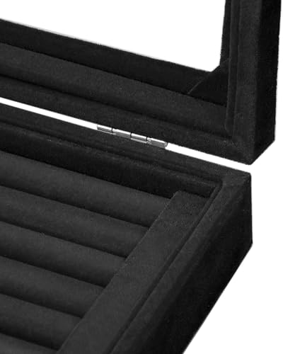 Jewelry Box Rings Organizer Tray 7 Slots Velvet Jewelry Earring Storage Box With Transparent Lid Jewelry Display Case for Girls Women (Black) - color: Black