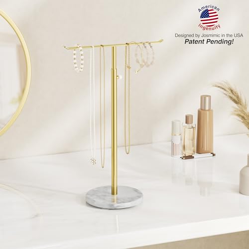 Gold Necklace Holder Jewelry Organizer Stand – Adjustable Height T‑Bar Jewelry Display with White Marble Base, Necklace & Bracelet Holder, Countertop Jewelry Stand - color: Gold & White