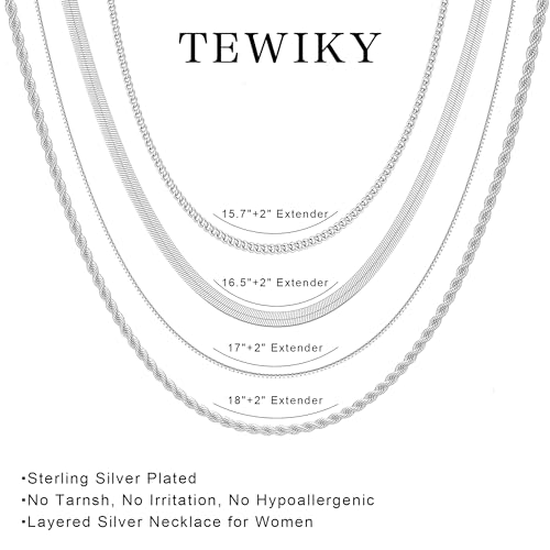 Tewiky Layered Necklaces for Women Non Tarnish- Chunky 14k Gold Plated Herringbone/Snake/Rope/Box/Cuban Link Chain for Women Waterproof Layering Stack Choker Necklace Trendy Dainty Tarnish Free Jewelry Set - color: 4 Layered Necklace Silver