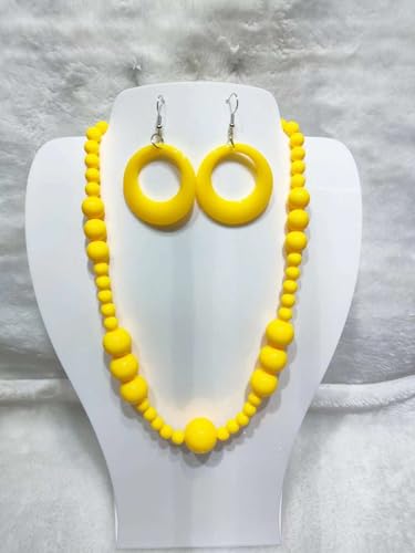 KZL Colorful Round Acrylic Beaded Jewelry Set for Women, Retro 80s Neon Dangle Earrings & Chunky Beaded Necklace, Costume Party Festival Accessories - color: Yellow