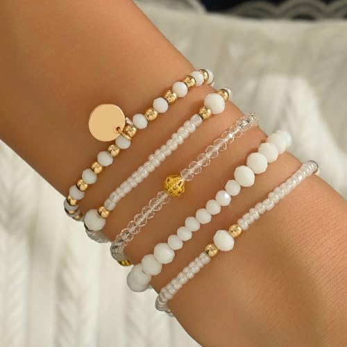 5Pcs Bohemian Multilayer Crystal Beads Stackable Bracelets Y2K Circle Disc Coin Pendant Colorful Beaded Elastic Stretch Bracelets for Women Boho Beach Vacation Holiday Jewelry Gift - color: White