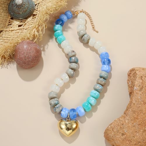 Chunky Heart Necklace for Women, Colorful Acrylic Beaded Statement Puff Heart Necklace, Cute Boho Y2K Choker Necklace for Gift Jewelry - color: Gray-blue