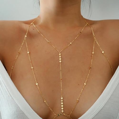 14K Gold Plated Body Chains for Women, Sexy Layered Belly Waist Chain Crossover Bikini Bra Chain, Summer Beach Rhinestone Body Jewelry - style: Gold Sequins