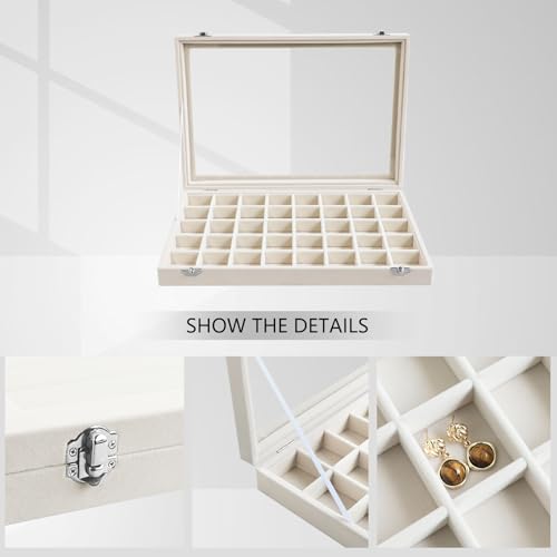 Wudygirl Large Jewelry Organizer Box with 40 Compartments Earring Holder Organizer Velvet Ring Display and Necklace Storage Tray Jewelry Box for Women (Beige Velvet) - style: Beige 40 Grid Tray