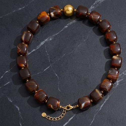 Mchic Colorful Beaded Choker Necklace for Women: Boho Large Square Acrylic Beaded Necklace Stainless Steel Adjustable Surfer Beach Strand Necklaces Summer Handmade Jewelry Gift for Women - color: Brown