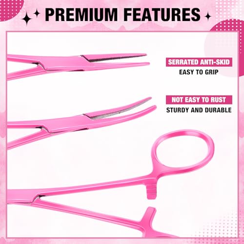 BBTO Hemostat Curved and Straight Hemostat Forceps Piercing Pliers Forceps, Stainless Steel Straight and Curved Pliers, Fishing Tweezer(Pink,2 Pcs) - color: Pink