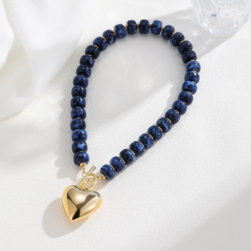 GZQ Chunky Gold Heart Necklace for Women, Resin Beaded Chain with Puff Heart Adjustable Clasp, Perfect for Daily Wear Party Date Streetwear Outfits Fashion Jewelry Gift - color: Blue