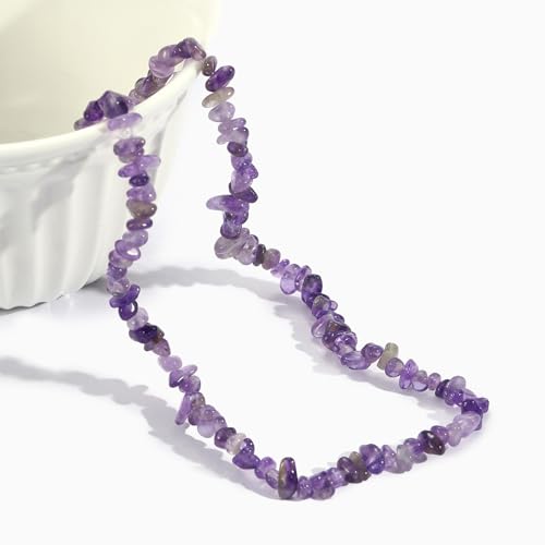 Raw Crystal Necklaces for Women 5-8mm Handmade Natural Stone Necklace Beaded Choker Necklace Healing Crystal Necklace Gemstone Necklace Raw Crystal Beaded Necklace for Her - style: Amethyst