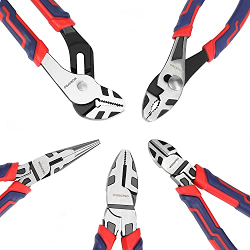 WORKPRO Pliers Set, Premium Cr-V Construction, Includes 6 Inch Slip Joint, Long Nose, Diagonal Cutting, 8 Inch Groove Joint, 7 Inch Linesman and Storage Pouch, for Basic Repair - size: 5-piece