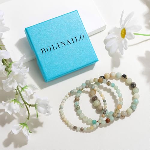 3Pcs Natural Healing Crystal Bracelets for Women Men, 4mm 6mm 8mm Beaded Stretch Bracelet Set, Black Tourmaline Natural Stone Gemstone Jewelry Gifts for Meditation, Reiki & Yoga - color: Amazonite