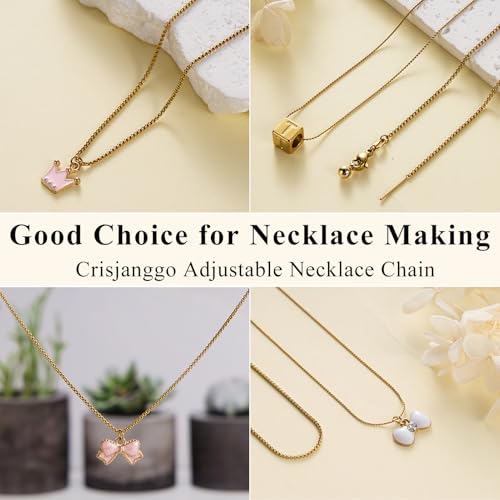 Crisjanggo 10 Pcs Stainless Steel Adjustable Necklace Chains 20 Inch Gold Plated 1 mm Thin Chain Bulk with Rubber Stopper for Jewelry Making - color: Gold Box