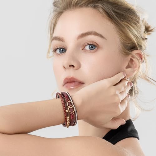 FANCY SHINY Mothers Day Gifts Boho Leather Wrap Bracelet Stackable Infinity Chunky Cuff Bracelets Western Hippie Outfits Jewelry Valentine Gifts for Women - color: Burgundy