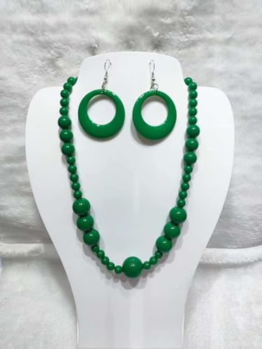 KZL Colorful Round Acrylic Beaded Jewelry Set for Women, Retro 80s Neon Dangle Earrings & Chunky Beaded Necklace, Costume Party Festival Accessories - color: Green