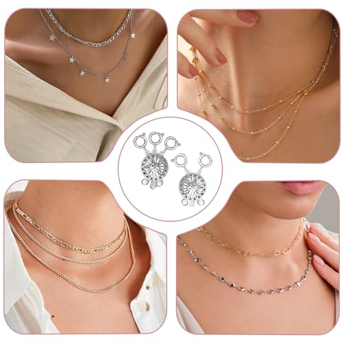 Layering Necklace Clasp, 14k Silver, Necklace Separator, Necklace Layering Clasps for Women's Tangle Free Safety Jewelry Locking Clasp Converter Chain Extender (2 PCS)