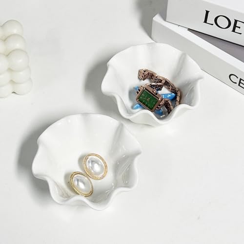 White Flower Jewelry Dish Tray, 3.85″ Lotus Ceramic Ring Holder, Cute Vanity Organizer Nightstand Bathroom Decor, Trinket Plate Dish Christmas Valentine's Mother's Day Birthday Gifts for Women (Plain) - style: Plain