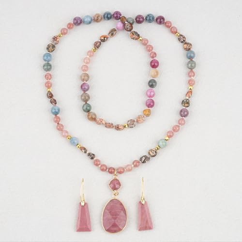 2 Pcs Boho Lapis Lazuli Jewelry Set for Women - Handmade Natural Stone Beaded Long Necklace with Oval Lapis Lazuli Pendant & Trapezoid Lapis Lazuli Earrings | Vintage Elegance | Ideal Gift for Her - style: Rhodochrosite Pendant