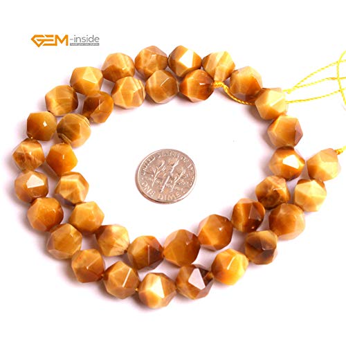 GEM-Inside Natural 10mm Gold Yellow Tiger Eyes Gemstone Loose Beads Faceted Cambay Crystal Energy Stone Power for Jewelry Making 15" - color: Gold Yellow Tiger Eye, size: 10mm