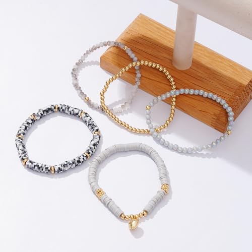 RISHEGAE Heishi Beaded Stretch Bracelets for Women Stackable Polymer Clay Beads Bracelets Friendship Boho Summer Beach Bracelet Jewelry Set - color: E-Gray Heart