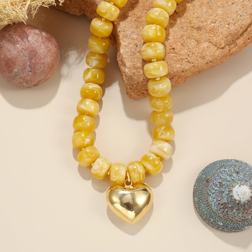Chunky Heart Necklace for Women, Colorful Acrylic Beaded Statement Puff Heart Necklace, Cute Boho Y2K Choker Necklace for Gift Jewelry - color: Turmeric