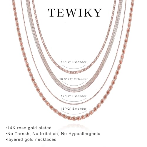 Tewiky Layered Necklaces for Women Non Tarnish- Chunky 14k Gold Plated Herringbone/Snake/Rope/Box/Cuban Link Chain for Women Waterproof Layering Stack Choker Necklace Trendy Dainty Tarnish Free Jewelry Set - color: 4 layered necklace-Rose Gold