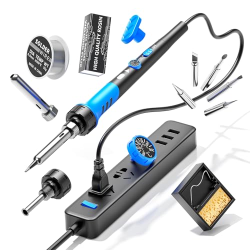 Soldering Iron Kit, 60W gun with Ceramic Heater, 9-in-1 solder kit tool, Adjustable Temperature 200 to 450℃, Iron Tips, wire, Solder Stand for Welding and Repairing - color: Blue