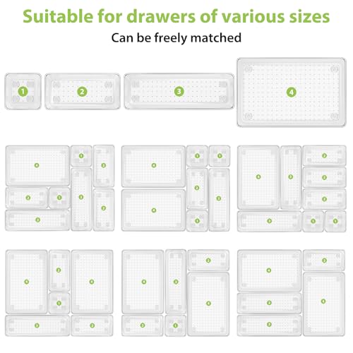25 Piece Clear Drawer Organizer Set, 4 Sizes Bathroom Vanity Organizer Trays and Storage Bins for Makeup, Cosmetics, Jewelry, and Gadgets. Perfect for Office, Kitchen, Bedroom, Bathroom Use. - size: 25pcs-4size