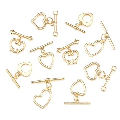10Pcs 18K Gold Plated Toggle Jewelry Clasps Heart Toggle Clasps Brass OT Toggles Clasp Connector T-Bar Bracelet Closure Clasp for Bracelet Necklace Jewelry Making - color: Light Golden