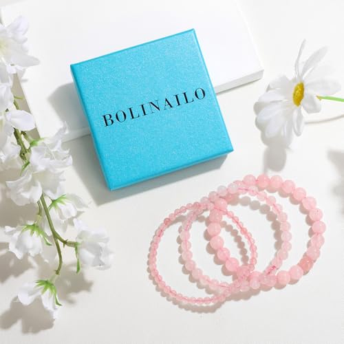 3Pcs Natural Healing Crystal Bracelets for Women Men, 4mm 6mm 8mm Beaded Stretch Bracelet Set, Black Tourmaline Natural Stone Gemstone Jewelry Gifts for Meditation, Reiki & Yoga - color: Rose Quartz