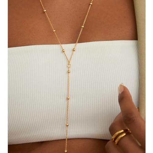 14K Gold Plated Body Chains for Women, Sexy Layered Belly Waist Chain Crossover Bikini Bra Chain, Summer Beach Rhinestone Body Jewelry - style: Gold Beads