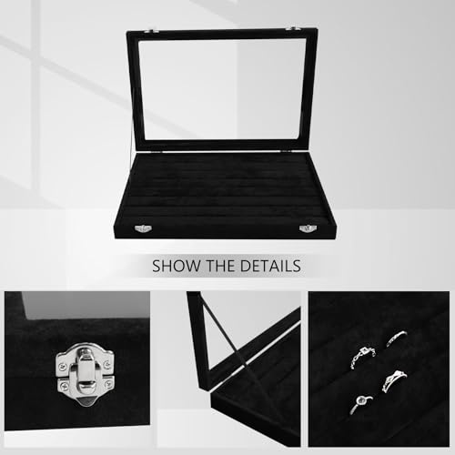 Wudygirl 7 Slot Ring Holder Organizer Display Tray for Rings And Jewelry Storage Velvet Ring Box with Multiple Slots Rings Organizer and Jewelry Showcase (Black Velvet) - style: Ring Tray