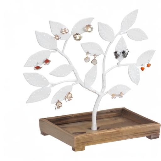 MyGift Earring Storage Rack Organizer, White Metal Jewelry Tree, Necklace and Bracelet Hanger with Wooden Ring Tray Trinket Holder - Holds 68 Pairs of Earrings - color: White
