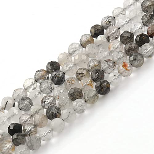 120pcs 3mm Natural Black Rutilated Quartz Gemstone Beads Faceted Round Loose Stone Beads for Jewelry Making (1 Strand) - color: Black Rutilated Quartz, size: 2.8-3.3mm