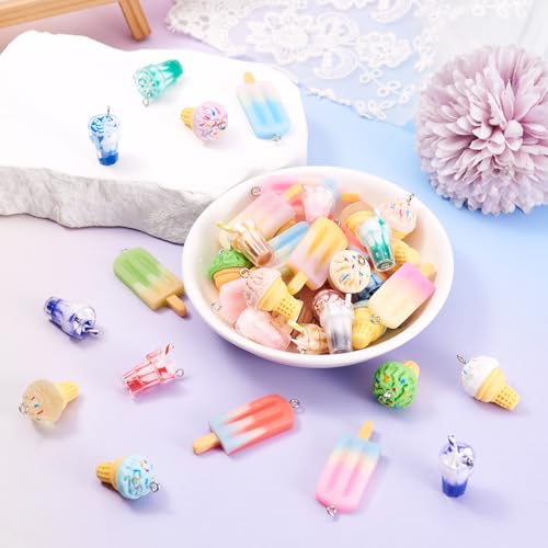 Craftdady Resin Plastic Miniature Food Snack Pendants Charms Ice Drink Juice Pendants Cute Bottle Fruit Keychain Charms Hang Ornament for DIY Craft Earring Bracelet Necklace Jewelry Making - color: Mixed Color Ice Cream