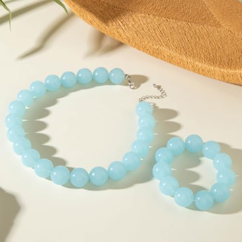 Colorful Chunky Beaded Necklace for Women Acrylic Bead Choker Necklaces Fashion Large Round Beads Necklaces for Women Handmade Summer Jewelry - color: Blue bracelet + necklace
